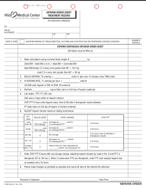 Heparin Continuous Infusion Order Sheet