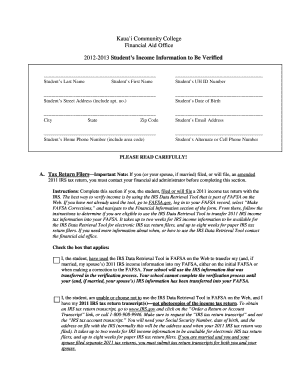 2012-2013 Student’s Income Information to Be Verified