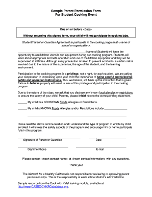 Parent Permission Form for Student Cooking Event