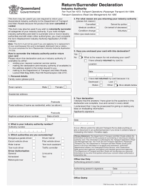 Queensland Industry Authority Return/Surrender Declaration