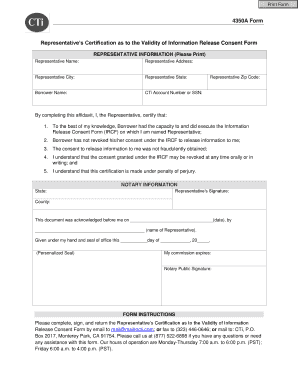 Representative Certification Validity Information Release Consent Form