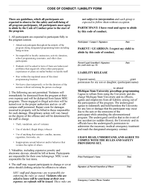 Michigan State University Code of Conduct and Liability Form