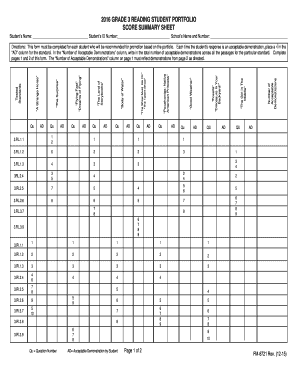 Grade 3 Reading Student Portfolio Score Summary Sheet