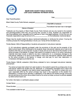 Miami-Dade Lost or Damaged Textbook Notice