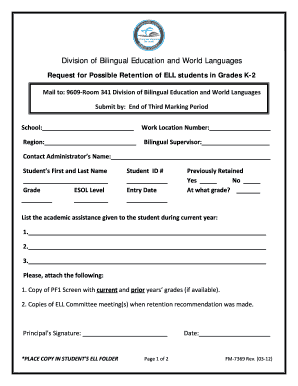 Request for Possible Retention of ELL Students in Grades K-2