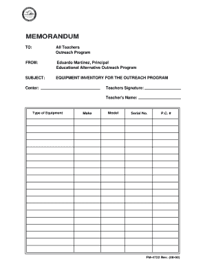 Equipment inventory list example - MEMORANDUM TO All Teachers Outreach Program FROM Eduardo