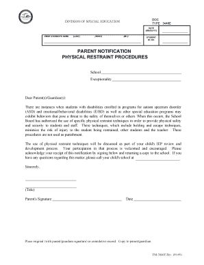 Parent Notification Physical Restraint Procedures