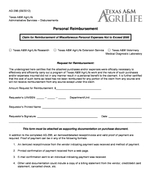 Texas A&M AgriLife Personal Reimbursement Form