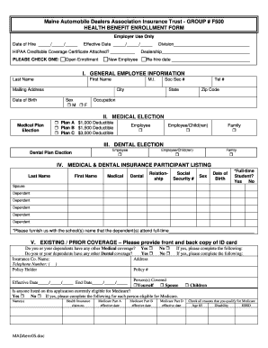 Maine Automobile Dealers Association Health Benefit Enrollment Form