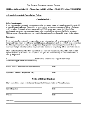 Georgia Gastroenterology Center Cancellation Policy Acknowledgement