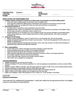 Dispatcher Job Description Form