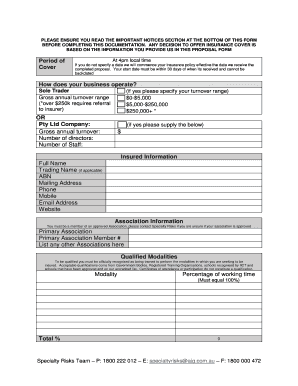 Insurance Proposal Form for Natural Therapists