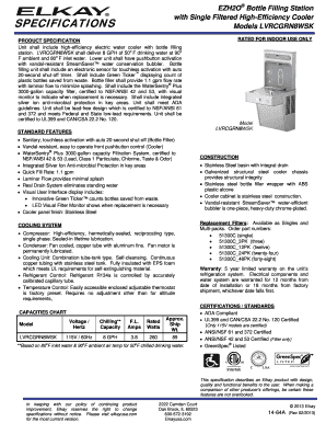 EZH2O Bottle Filling Station SPECIFICATIONS Models LVRCGRN8WSK