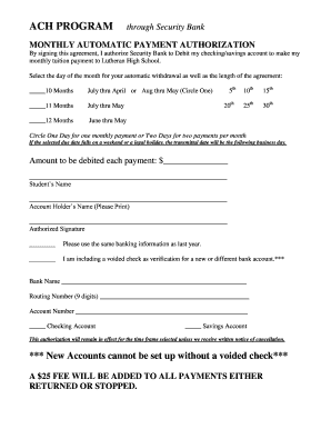 ACH Payment Authorization for Tuition