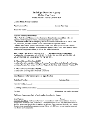 Burbridge Detective Agency License Plate Record Search Form