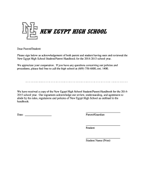 New Egypt High School Student Parent Handbook Acknowledgement