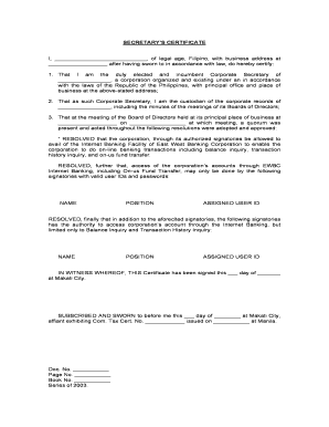 Secretary's Certificate for Internet Banking Authorization