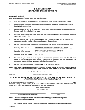 California Child Care Center Notification of Parents' Rights