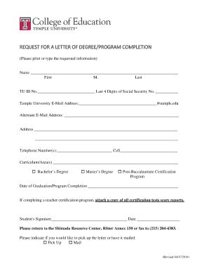 Temple University Degree Completion Request Form