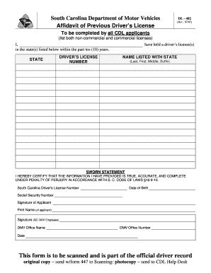 South Carolina Driver's License Affidavit