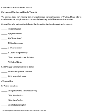 Statement of Practice Checklist for Licensed Marriage and Family Therapist