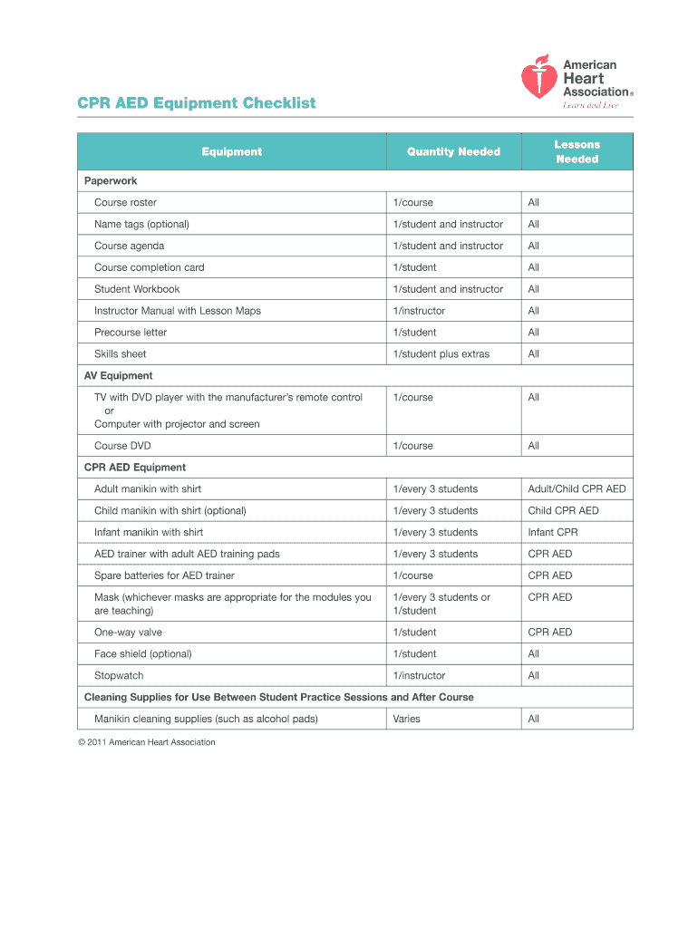 Fillable Online CPR AED Equipment Checklist Fax Email Print pdfFiller