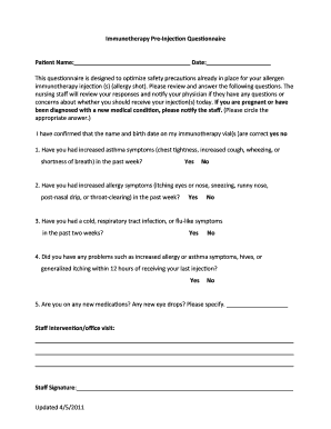 Immunotherapy Pre-Injection Questionnaire