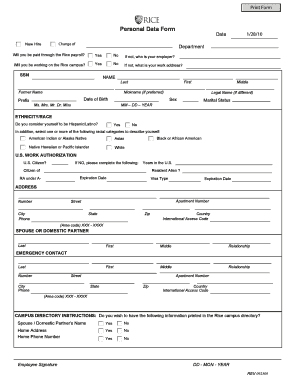Rice University Personal Data Form