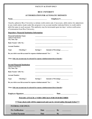 Rice University Automatic Deposit Authorization