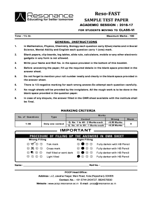 Class VI Sample Test Paper