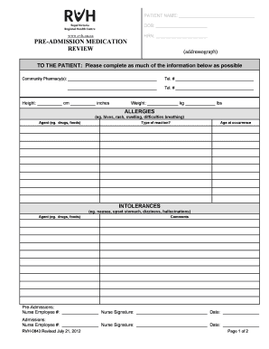 Pre-Admission Medication Review Form