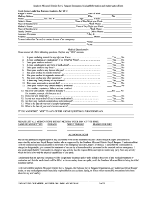 Southern Missouri District Royal Rangers Emergency Medical Information and Authorization Form - somoag