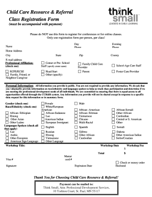 Child Care Class Registration Form