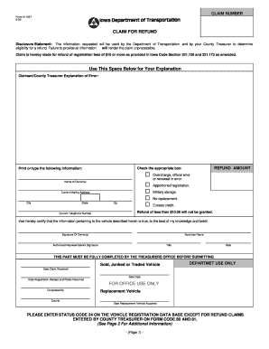 Iowa Vehicle Registration Fee Refund Claim Form