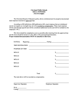 Cleveland Public Schools Meal Expenses Form