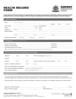 Student Health Record Form