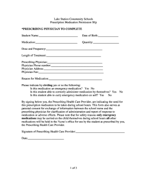 Prescription Medication Permission Slip