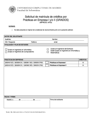 Solicitud de matrícula de créditos por Prácticas en Empresa I y/o II (GRADOS)