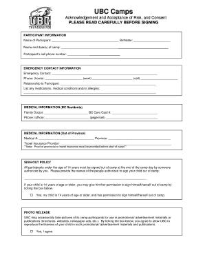 UBC Camps Football Risk Consent Form