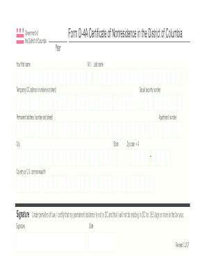Form D-4A Certifi cate of Nonresidence in the District of Columbia