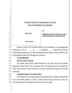 US Federal Court Case Management Conference Order