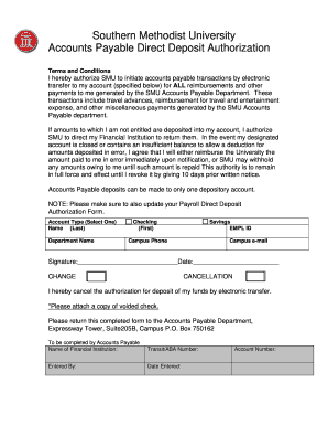 SMU Accounts Payable Direct Deposit Authorization