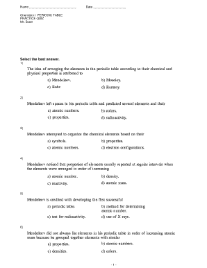 Chemistry I PERIODIC TABLE PRACTICE QUIZ Mr Scott