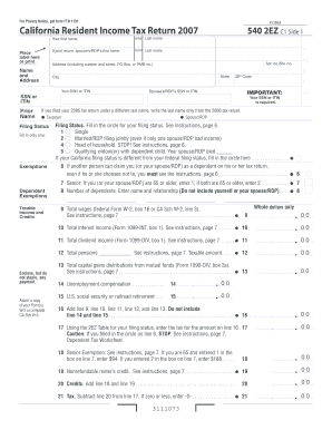 California Resident Income Tax Return 2007 540 2EZ