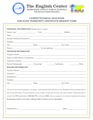 Career Technical Education Transcript Request Form