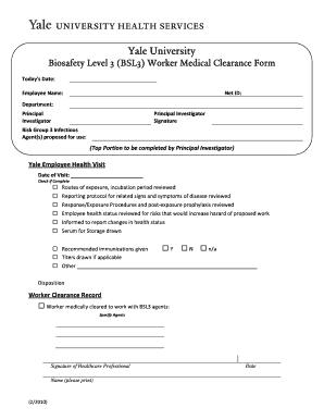 BSL3 Medical Clearance Form - Yale Environmental Health