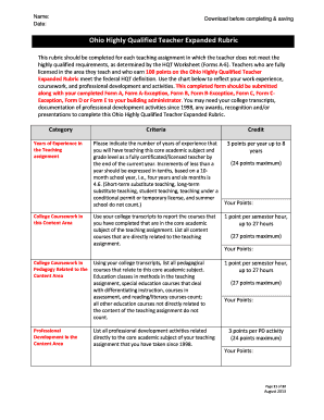Ohio Highly Qualified Teacher Expanded Rubric
