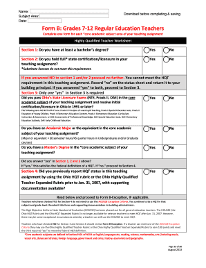 Ohio Highly Qualified Teacher Worksheet