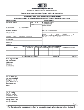 Informal Trial Life Insurance Application