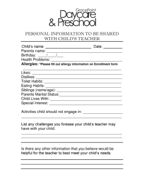 Child Information Form for Teacher